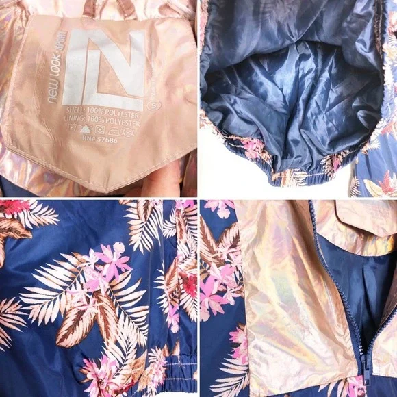 New Look Windbreaker 90s Floral 1/4 Zip Cropped Hawaiian Metallic Jacket Small - Picture 5 of 9